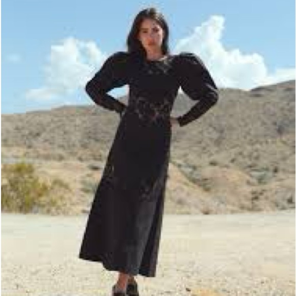 H&M Black‎ Lace Puff Sleeve Midi Dress Whimsigoth Romantic Sheer Size XS